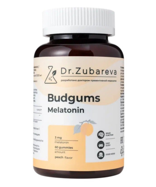 Dr. Zubareva Комплексная пищевая добавка "Budgums Melatonin/Бадгамс Мелатонин" со вкусом персика, 60 пастилок, 260г (1)