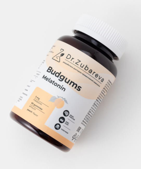 Dr. Zubareva Комплексная пищевая добавка "Budgums Melatonin/Бадгамс Мелатонин" со вкусом персика, 60 пастилок, 260г (3)