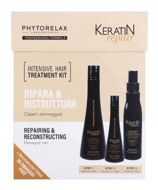 Phytorelax Набор подарочный KERATIN REPAIR BOX (шампунь, спрей, молочко для волос), 500мл (2)