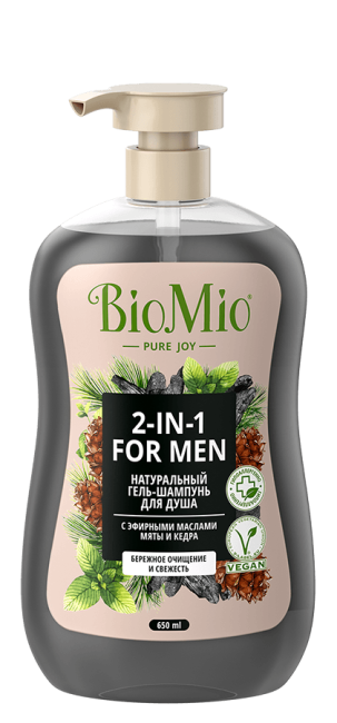 BioMio BioMio Гель-шампунь для душа мужской "2 в 1: с эфирными маслами мяты и кедра", 650 мл, 650мл