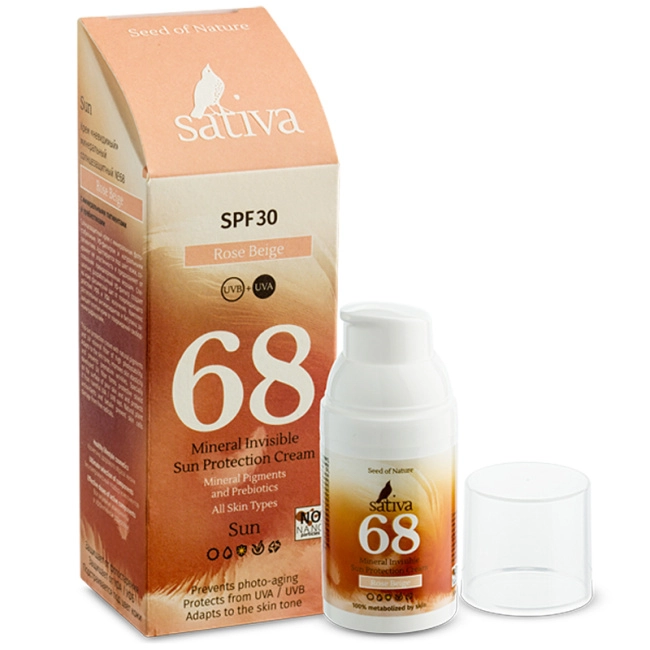 Sativa Крем «невидимый» минеральный солнцезащитный №68 Rose Beige SPF 30, 30мл