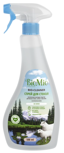 BioMio Средство чистящее экологичное для стекол, зеркал и пластика "Без запаха", 500мл