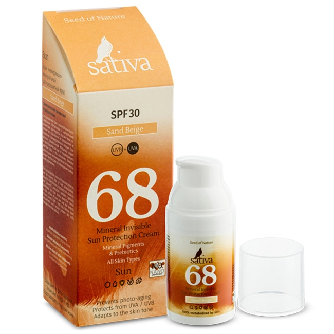 Sativa Крем «невидимый» минеральный солнцезащитный №68 Sand Beige SPF 30, 30мл