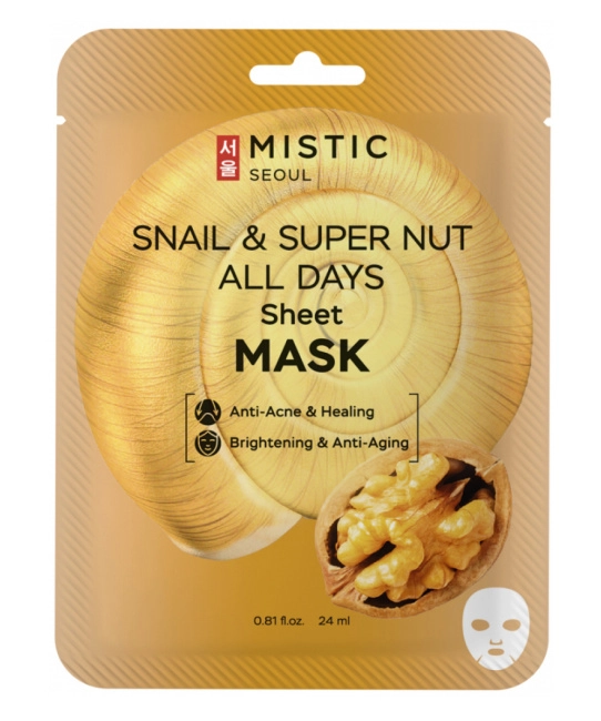 MISTIC MISTIC SNAIL & SUPER NUT ALL DAYS Sheet MASK Тканевая маска для лица с муцином улитки, 24 мл	, 24мл