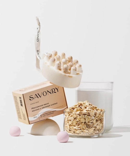 SAVONRY Мыло массажное Молоко и овсяные хлопья, 150гр (1)