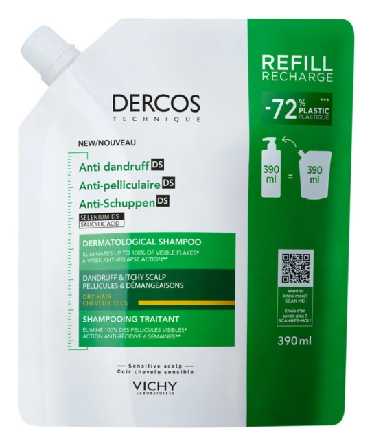 VICHY Vichy Шампунь-уход интенсивный для сухих волос Против перхоти DS рефил Dercos Technique, 390 мл, 390мл