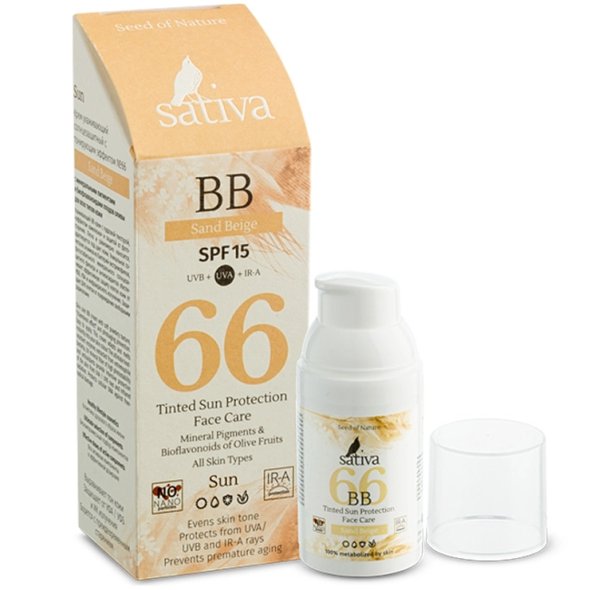Sativa Крем ухаживающий солнцезащитный с тонирующим эффектом №66 Sand Beige SPF 15, 30мл