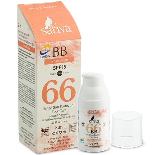 Sativa Крем ухаживающий солнцезащитный с тонирующим эффектом №66 Rose Beige SPF 30, 30мл