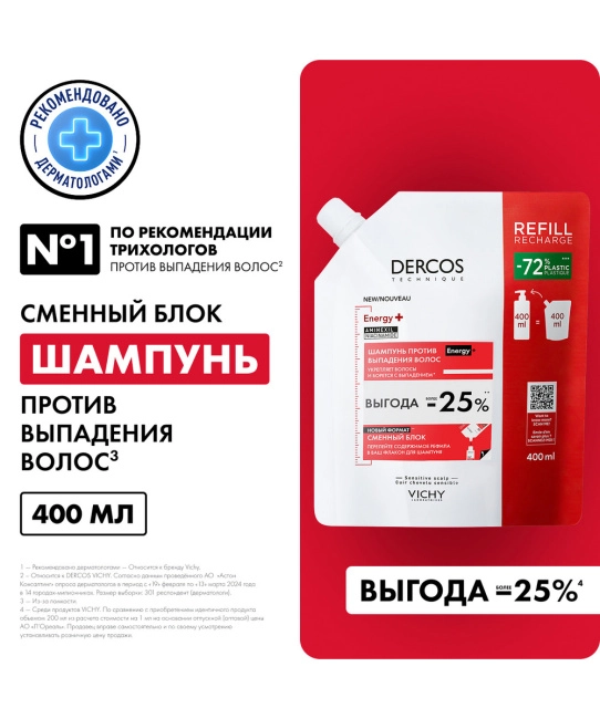 VICHY Vichy Шампунь против выпадения волос Dercos Energy+, 400 мл, 400мл (1)