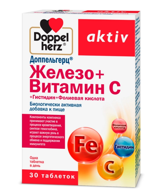 Doppelherz Железо + Витамин С + Гистидин + Фолиевая кислота Aktiv № 30 675мг (30 табл.)