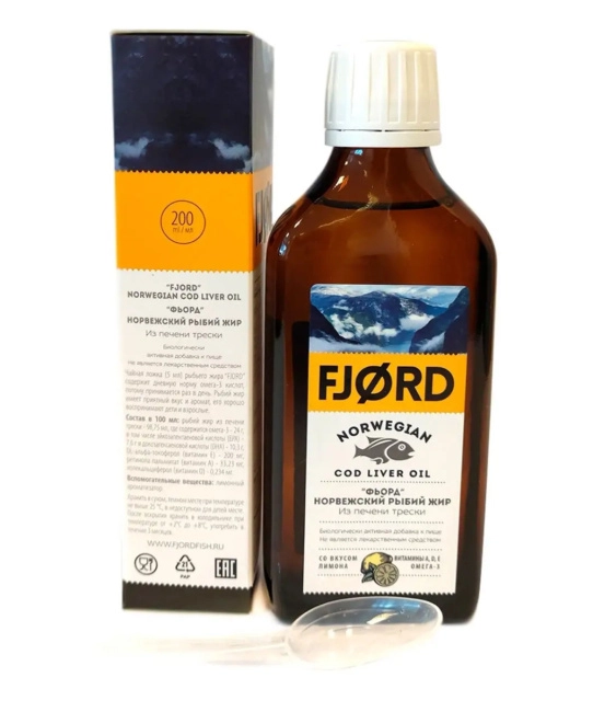 FJORD Норвежский рыбий жир из печени трески со вкусом Лимона, 200мл (2)