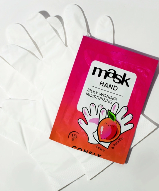Consly Парафин-маска для рук Silky Wonder с экстрактом персика  в виде перчаток, 15г (2)